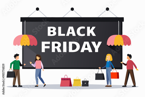 Personas caminando con bolsas de compra frente a un gran cartel de Black Friday, preparándose para aprovechar las ofertas.