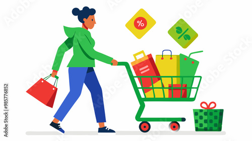 Mujer empujando una cesta de compras llena de artículos y símbolos de descuento, representando una compra con promoción.