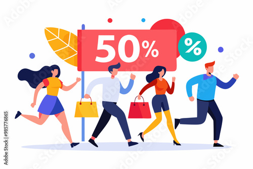 Cuatro personas corriendo bajo un cartel de 50% de descuento, destacando una oferta especial.