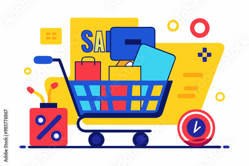 Ilustración de una cesta de compras llena de productos y signos de descuento, resaltando una promoción.