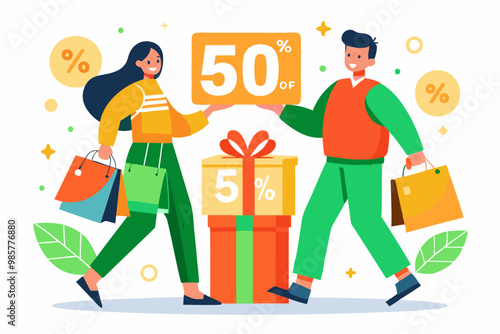Hombre y mujer con bolsas de compras y un gran cartel de descuento del 50%, simbolizando una oferta especial.