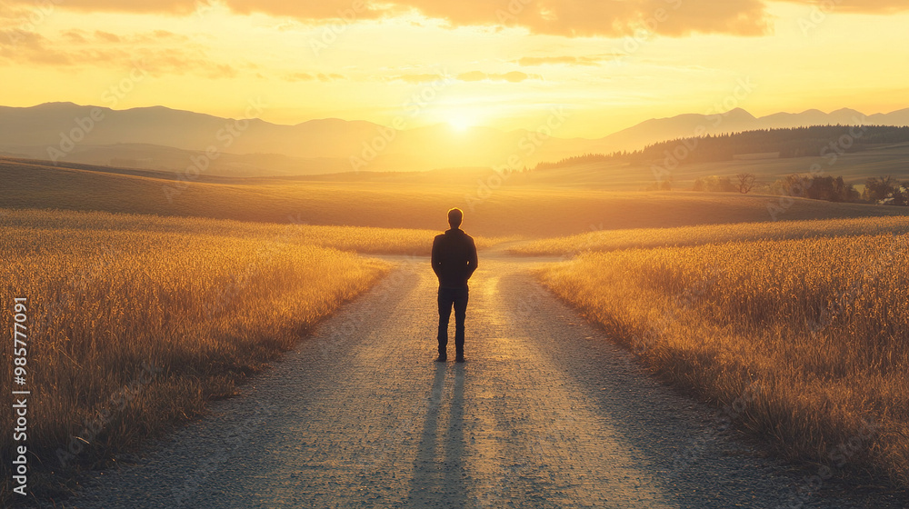 Lone figure standing at a deserted crossroads in a rural landscape, with the sun setting in the background, symbolizing contemplation, decisions, and life choices. Lone figure standing at a deserted crossroads in a rural landscape, with the sun setting in the background, symbolizing contemplation, decisions, and life choices.