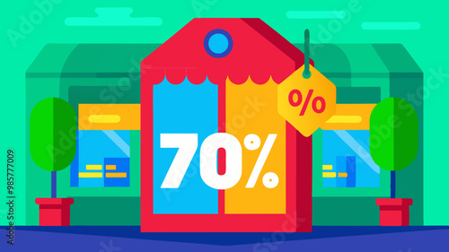 Ilustración de una tienda con un gran cartel de descuento del 70%, representando una gran promoción.