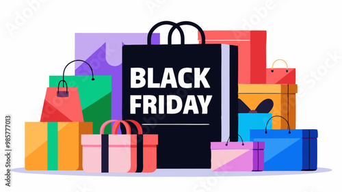 Varias bolsas de compras de colores con una bolsa principal que destaca el texto "Black Friday", simbolizando la temporada de ofertas.