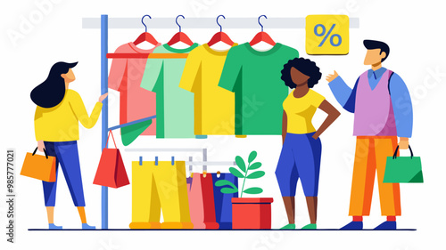 Tres personas observando ropa en una tienda con etiquetas de descuento, mostrando ofertas de temporada.