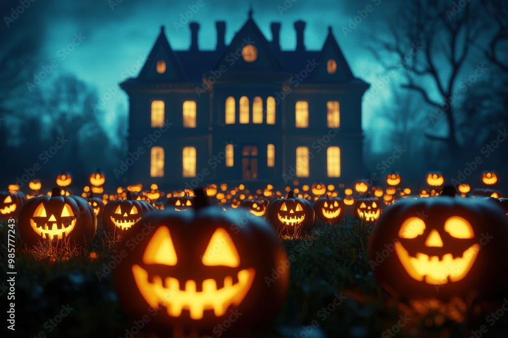 Haunted mansion on a hill, surrounded by glowing jack-o'-lanterns, 3D illustration, closes up Haunted mansion on a hill, surrounded by glowing jack-o'-lanterns, 3D illustration, closes up