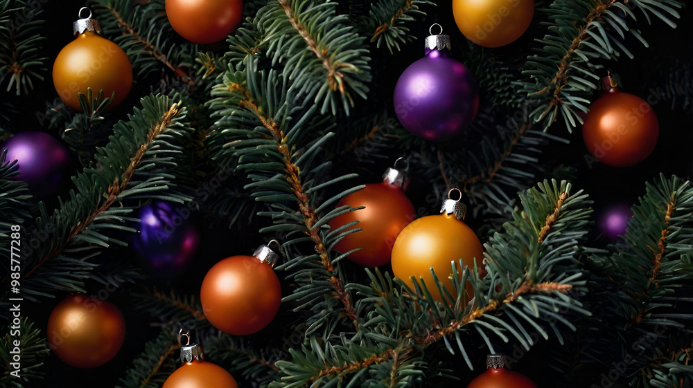 Christmas ornament hanging on a spruce tree, with festive baubles among the branches and a hint of snow. Christmas ornament hanging on a spruce tree, with festive baubles among the branches and a hint of snow.