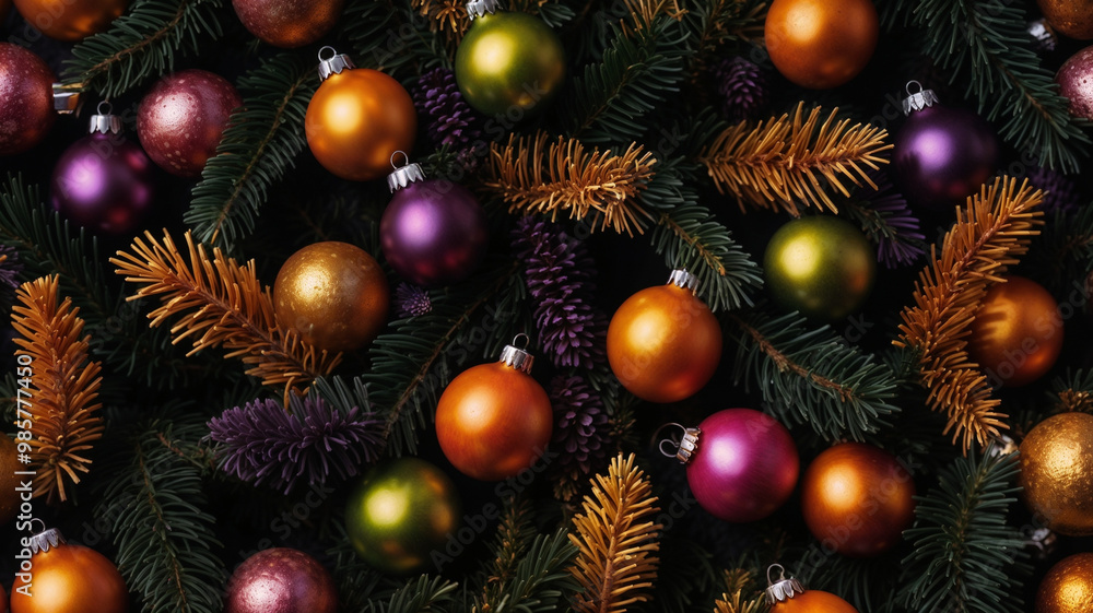 Christmas ornament hanging on a spruce tree, with festive baubles among the branches and a hint of snow. Christmas ornament hanging on a spruce tree, with festive baubles among the branches and a hint of snow.