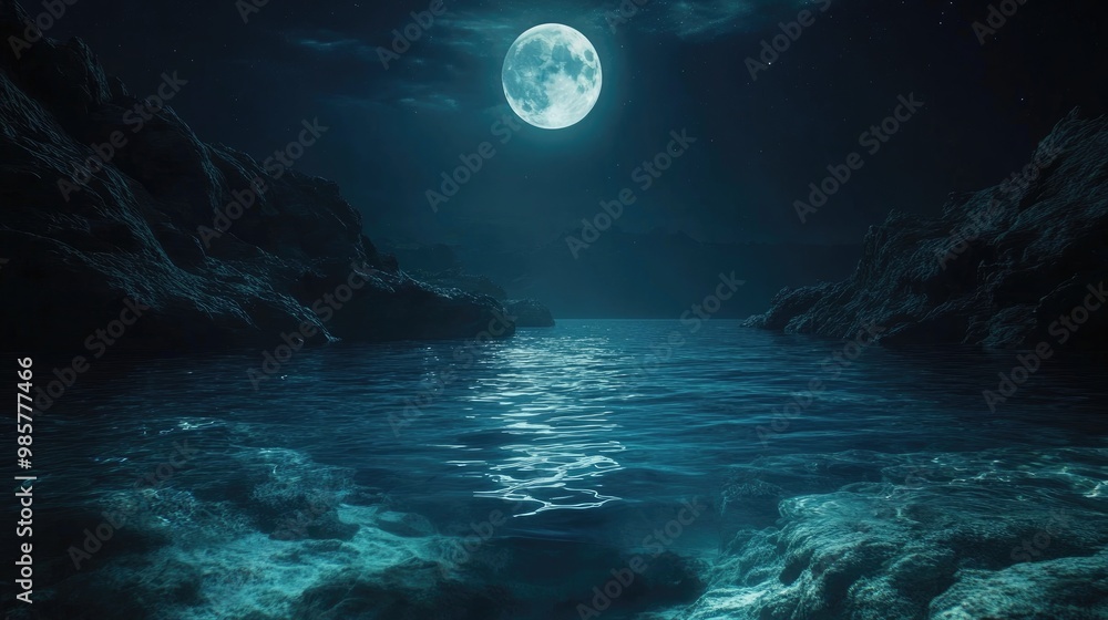 Fototapeta premium Moonlit Ocean with Enchanting Underwater View
