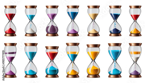  different white background set hourglasses olated illustration png isolated on white retro antique time different glasses sand bronze silver horizontal timer term current past future clock hourglass