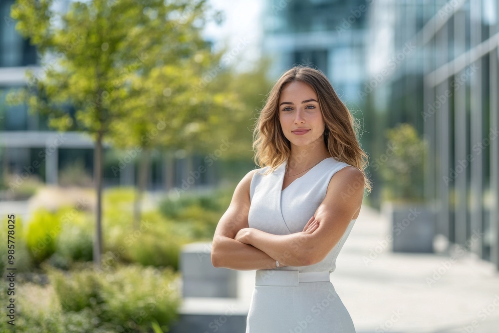 Young professional woman standing confidently with crossed arms in outdoor business park Young professional woman standing confidently with crossed arms in outdoor business park