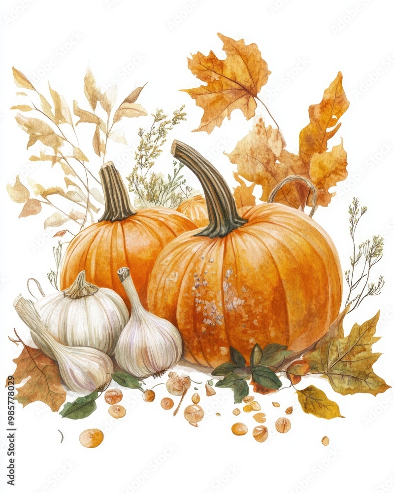 Naklejka premium Autumn still life with pumpkins garlic and leaves on white background