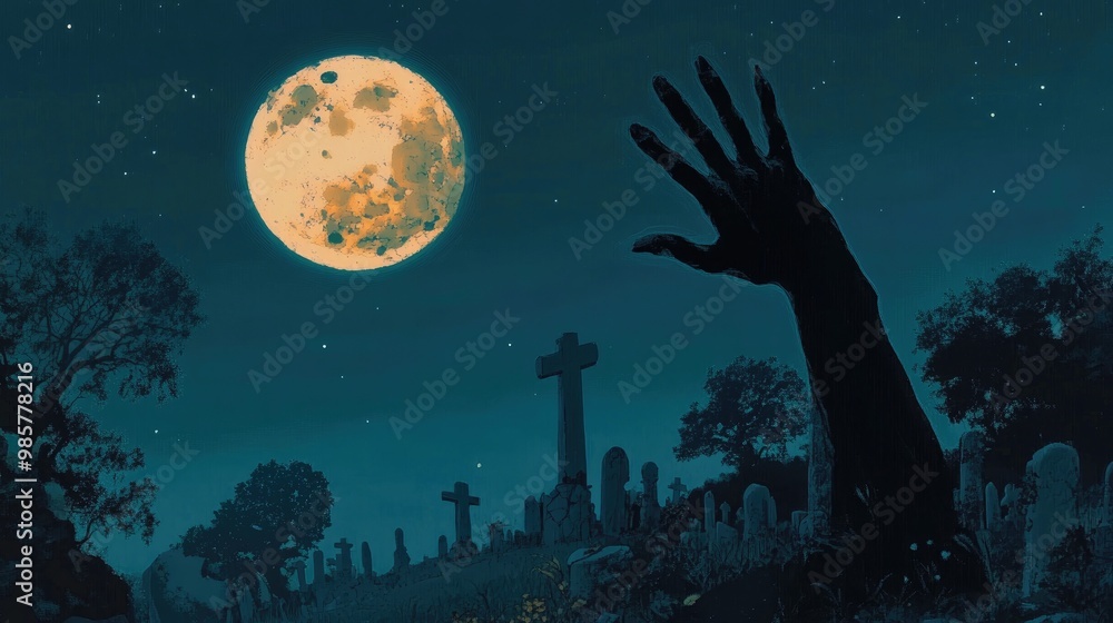 Naklejka premium Halloween cemetery night scene with hand reaching towards the moon