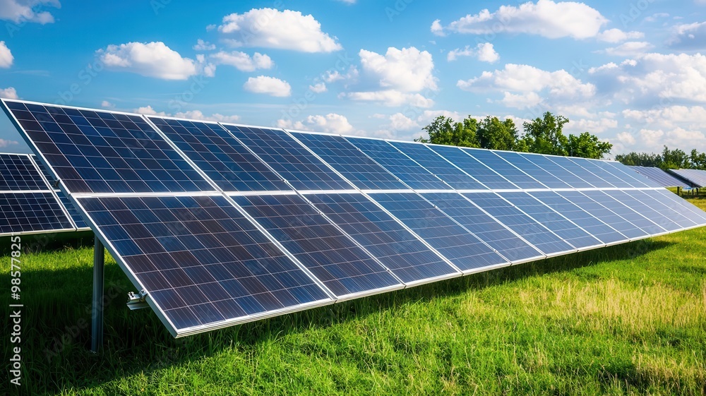 A photostock image of a modern solar farm generating renewable energy with solar A photostock image of a modern solar farm generating renewable energy with solar