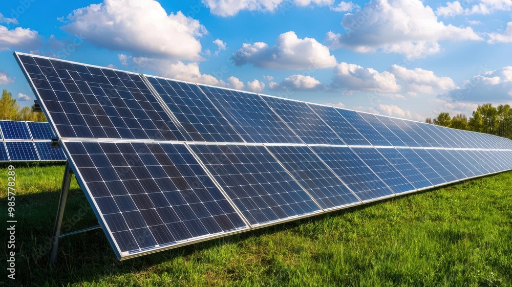 A photostock image of a modern solar farm generating renewable energy with solar A photostock image of a modern solar farm generating renewable energy with solar