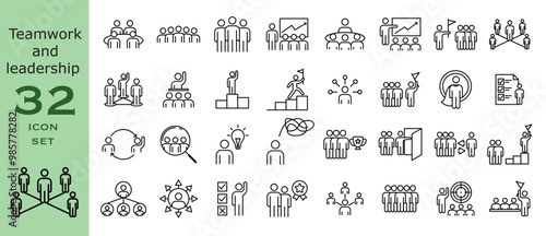 Workshop and teamwork line icons set. 32 Icons of teamwork, cooperation, partnership, leadership. Vector illustration.