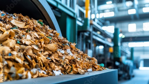 A photostock image of a modern recycling facility processing waste materials, ideal for sustainability and eco-friendly campaigns