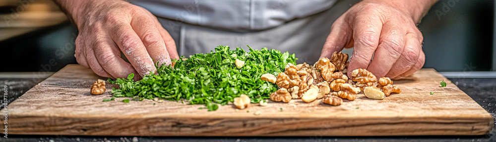 A man is cutting nuts and herbs on a wooden cutting board. The man is wearing a white apron and has his hands on the cutting board A man is cutting nuts and herbs on a wooden cutting board. The man is wearing a white apron and has his hands on the cutting board