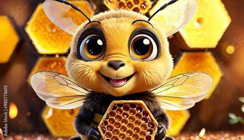 A cheerful cartoon bee holds a piece of honeycomb, surrounded by a vibrant honeycomb background. The bee's big eyes and friendly smile make this image perfect for children's content or playful designs photo