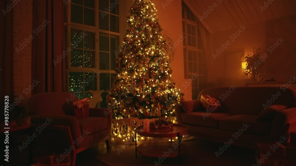 Glowing christmas tree fills a cozy living room with warmth, creating a festive atmosphere perfect for the holiday season. 4K video Glowing christmas tree fills a cozy living room with warmth, creating a festive atmosphere perfect for the holiday season. 4K video
