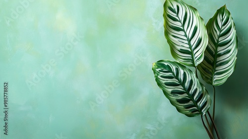 Green leaves on a teal textured background, a simple nature backdrop.