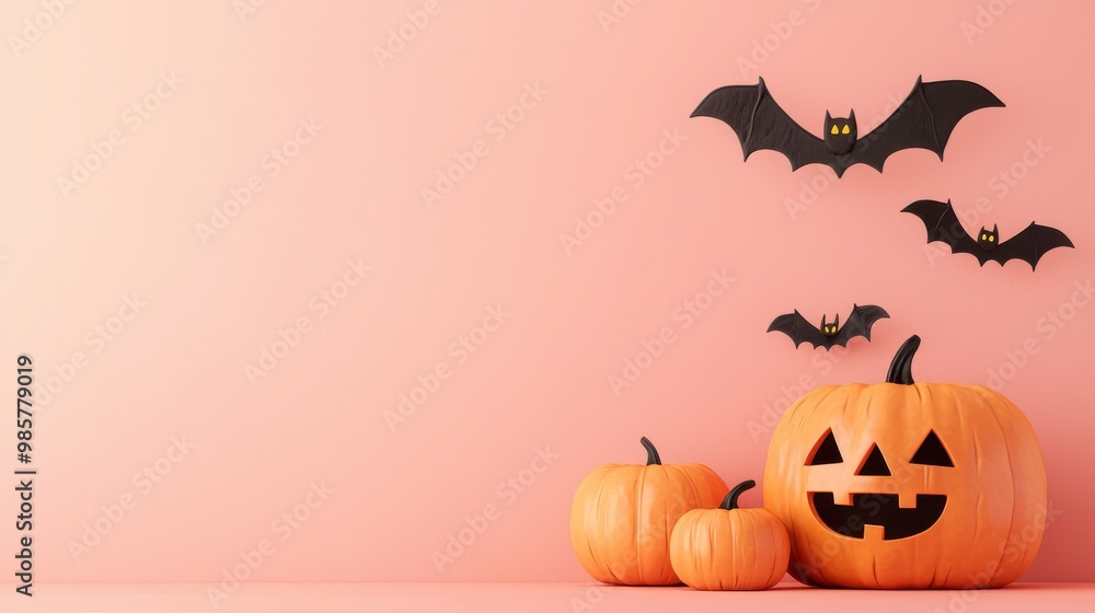 Smiling pumpkins and playful bats, soft tones, empty area for message, 3D illustration Smiling pumpkins and playful bats, soft tones, empty area for message, 3D illustration