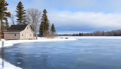 Ice Fishing Shacks on the Lake, highlighting the tranquility of rural America and the joy of ice fishing in winter photo