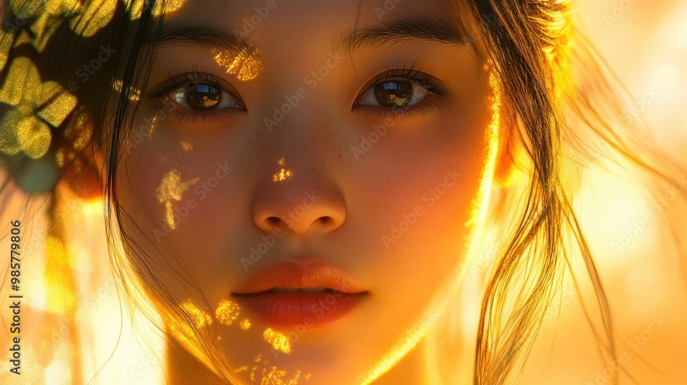 Fototapeta premium A Close-Up Portrait of a Woman's Face with Golden Light and Shadows