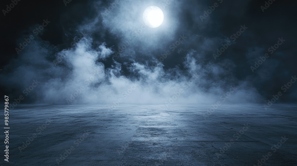Concrete floor shrouded in smoke illuminated by moonlight in a nighttime setting Concrete floor shrouded in smoke illuminated by moonlight in a nighttime setting