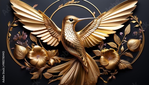 Sleek gold hummingbird with floral accents