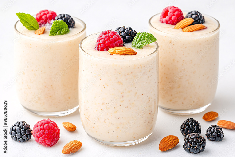 Three glasses of smoothies with raspberries and almonds. The smoothies are in the middle of a table with a white background Three glasses of smoothies with raspberries and almonds. The smoothies are in the middle of a table with a white background