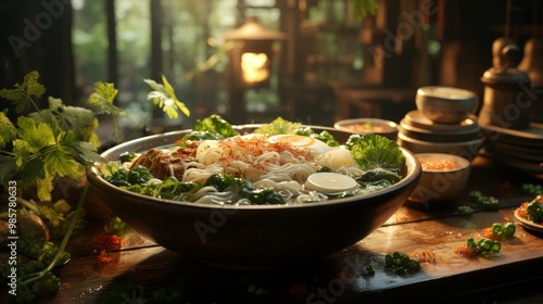 Inviting Steaming Ramen Bowl Arranged on Rustic Wood Table