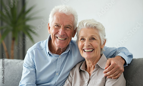 Smiling elderly couple sitting close together, embracing and showing love. Warm and joyful moment capturing connection, love, and happiness. Great for senior lifestyle and relationship themes. 