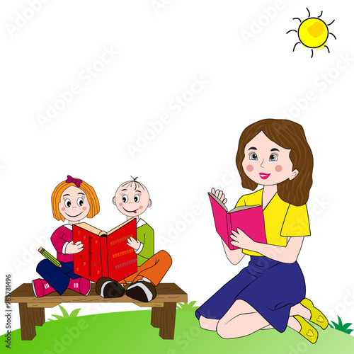 Niños estudiando matemáticas y su madre leyendo un libro.