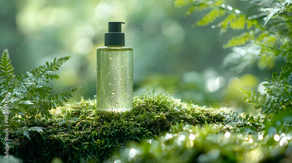 A lightweight moisturizer bottle sitting on a lush green moss, with drops of morning dew, bringing forth a sense of freshness and deep hydration A lightweight moisturizer bottle sitting on a lush green moss, with drops of morning dew, bringing forth a sense of freshness and deep hydration