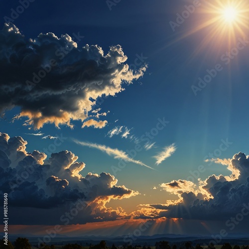 A beautiful blue heavenly sky with the sun peeking behind glowing onto a Landscape