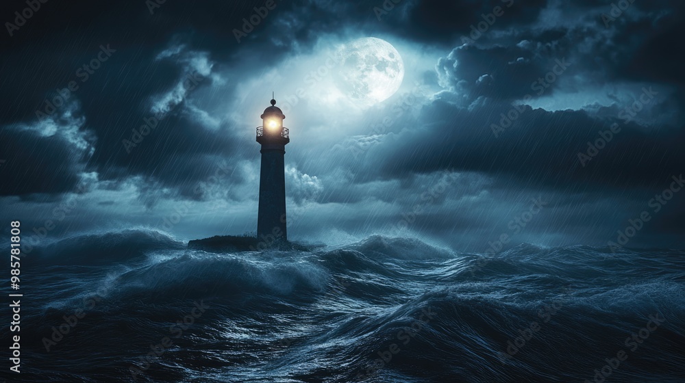 Conceptual image of an unlit beacon during a storm on a moonlit night Conceptual image of an unlit beacon during a storm on a moonlit night