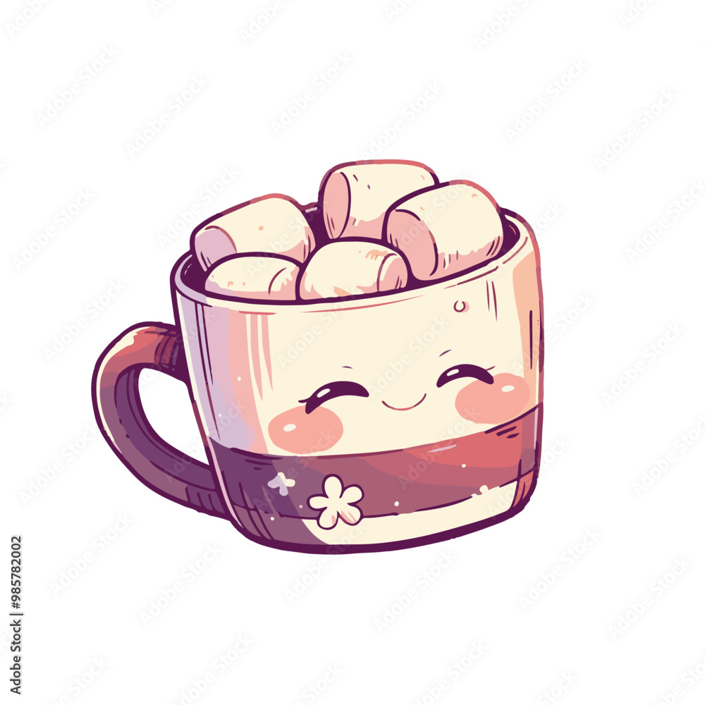 Kawaii warm sweet drink with marshmallows in a cup. Winter drink, yummy hot chocolate in mug. Isolated cartoon element print, poster, sticker, product packaging. Generative Ai content