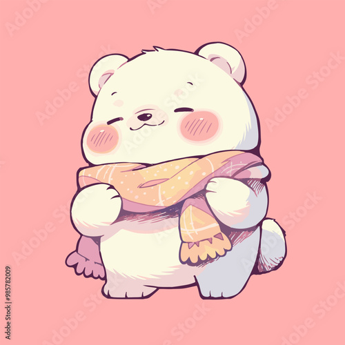 Kawaii cute white cartoon polar bear with pink cheeks and scarf. Polar animal for winter season design. Great Christmas card, fabric print, decor. Vector illustration. Generative Ai content