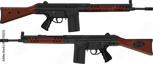 Vector Illustration of The Cold War German Assault Rifle G3 With Wooden Furniture on White or Transparent Background View From Both Sides