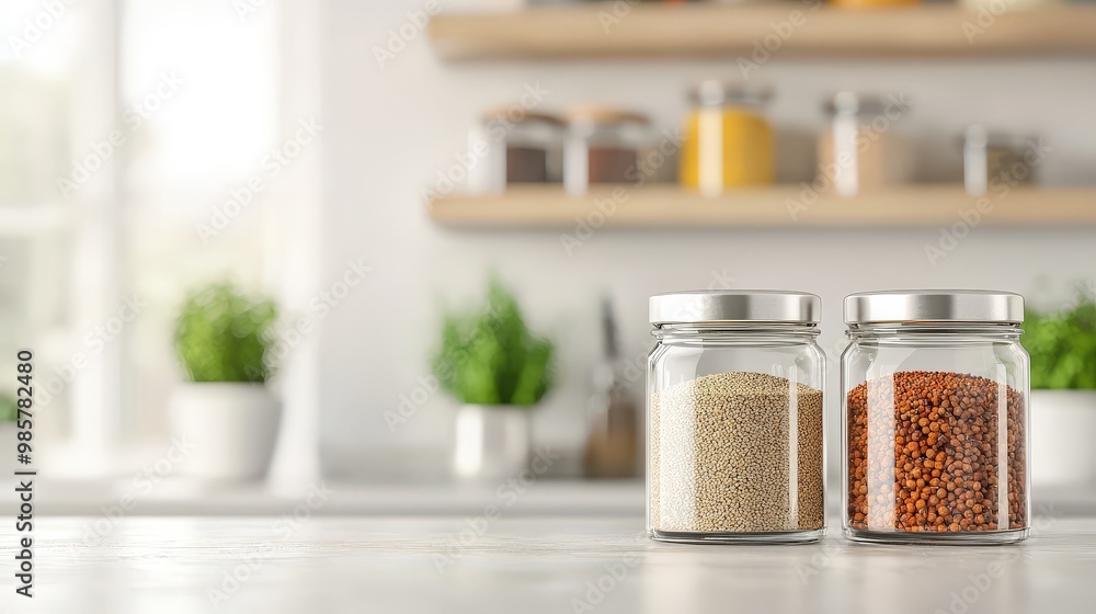 An elegant display of spices on a modern kitchen island. An elegant display of spices on a modern kitchen island.