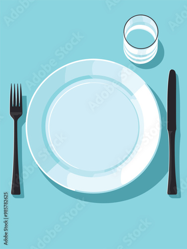 Table setting set. Fork, Knife, empty plate, glass of water. Cutlery Catering vector illustration. Dinner etiquette.