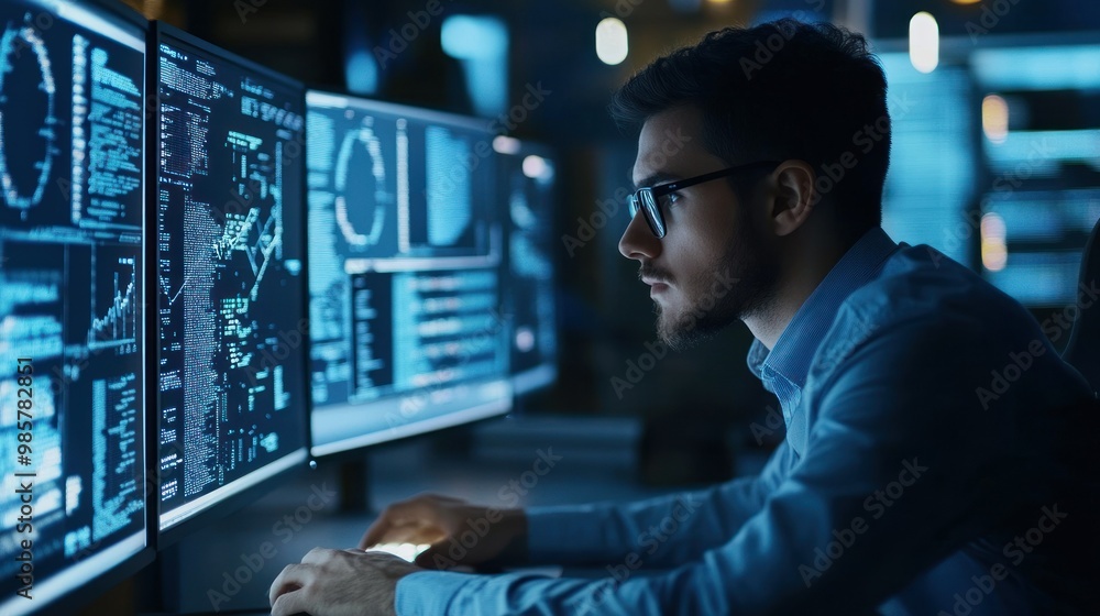 Man with Glasses Concentrated on Code on Multiple Computer Screens Man with Glasses Concentrated on Code on Multiple Computer Screens