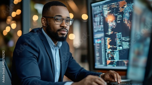 African American Man Working on Computer in Office