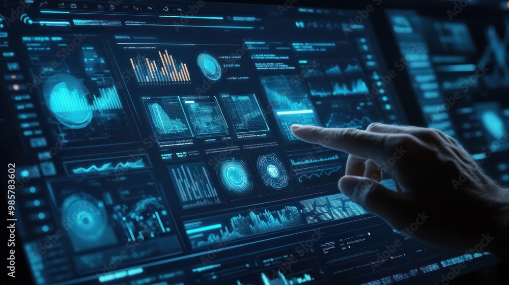 Hand Interacting With Digital Data Display on Screen Hand Interacting With Digital Data Display on Screen