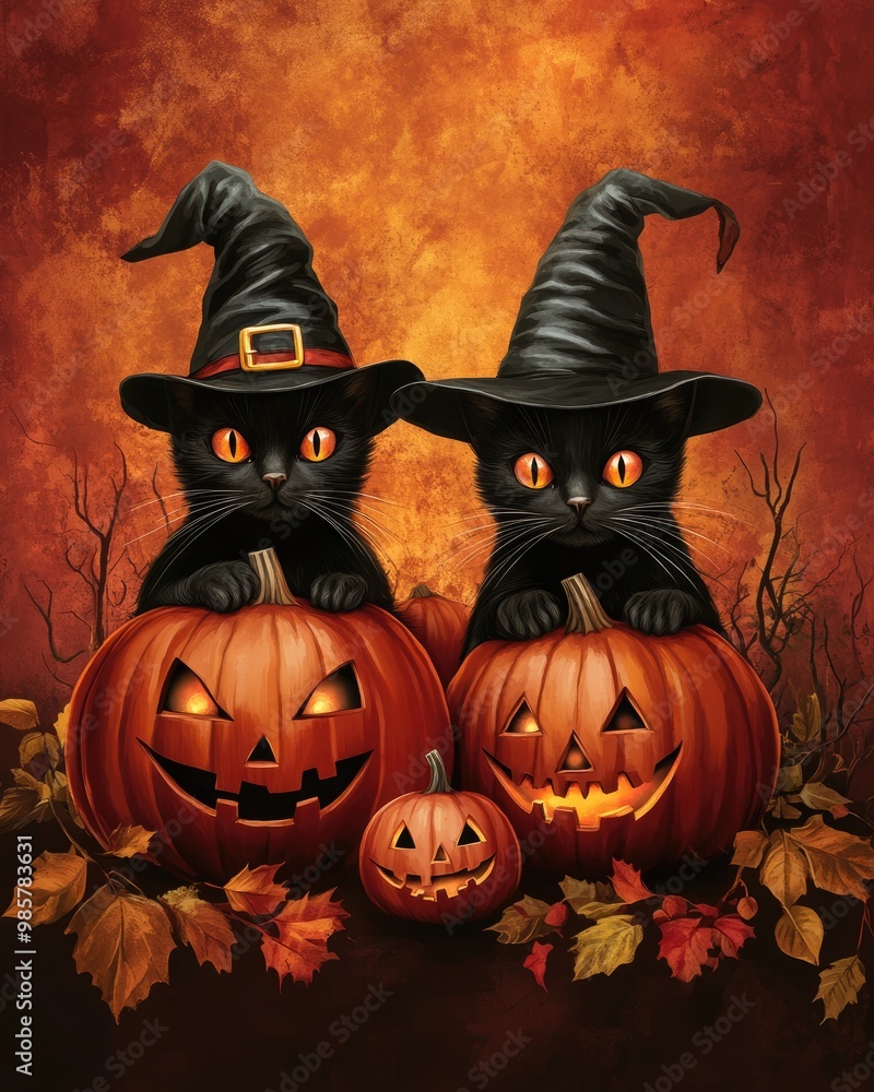 Fototapeta premium Halloween party design featuring pumpkins cat masks and festive elements suitable for invitations and holiday backgrounds