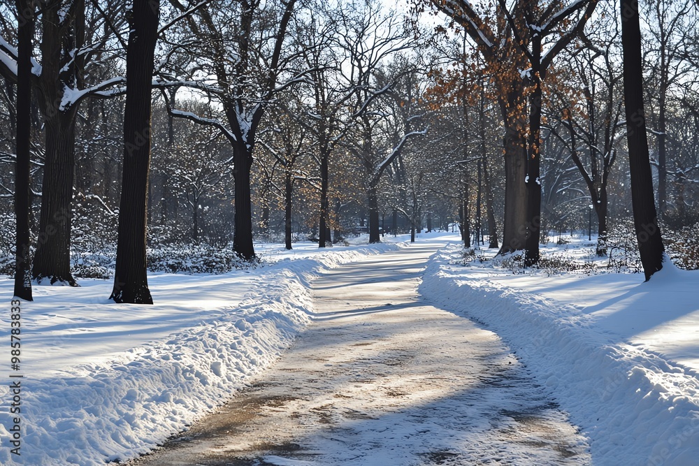 A snow-covered path through a winter forest with tall trees and sunlight filtering through the branches. A snow-covered path through a winter forest with tall trees and sunlight filtering through the branches.