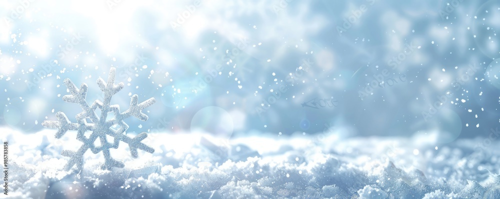 A Single Silver Snowflake Rests on a Snowy Surface with a Glowing Background A Single Silver Snowflake Rests on a Snowy Surface with a Glowing Background
