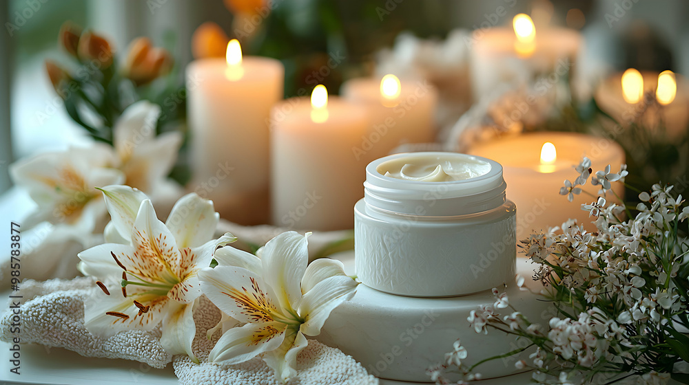 A sleek, hydrating face cream jar placed next to soft candles and fresh lily petals, bathed in the soft glow of candlelight, evoking a luxurious night care routine A sleek, hydrating face cream jar placed next to soft candles and fresh lily petals, bathed in the soft glow of candlelight, evoking a luxurious night care routine