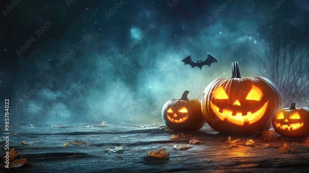 Naklejka premium spooky Halloween backdrop with pumpkins at night